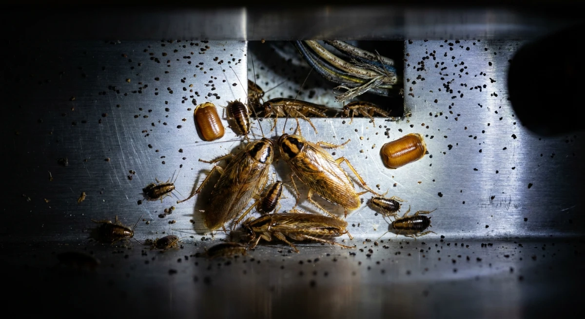 German cockroach nest inside a commercial kitchen wall void