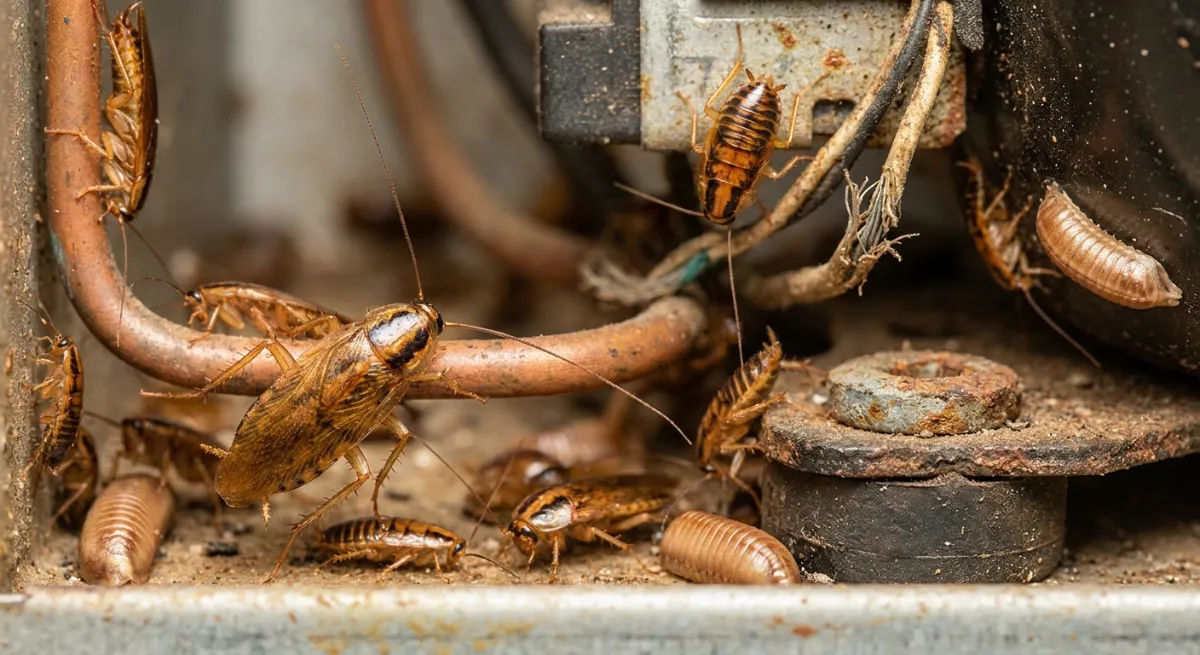 German cockroach nest inside a commercial kitchen refrigerator motor