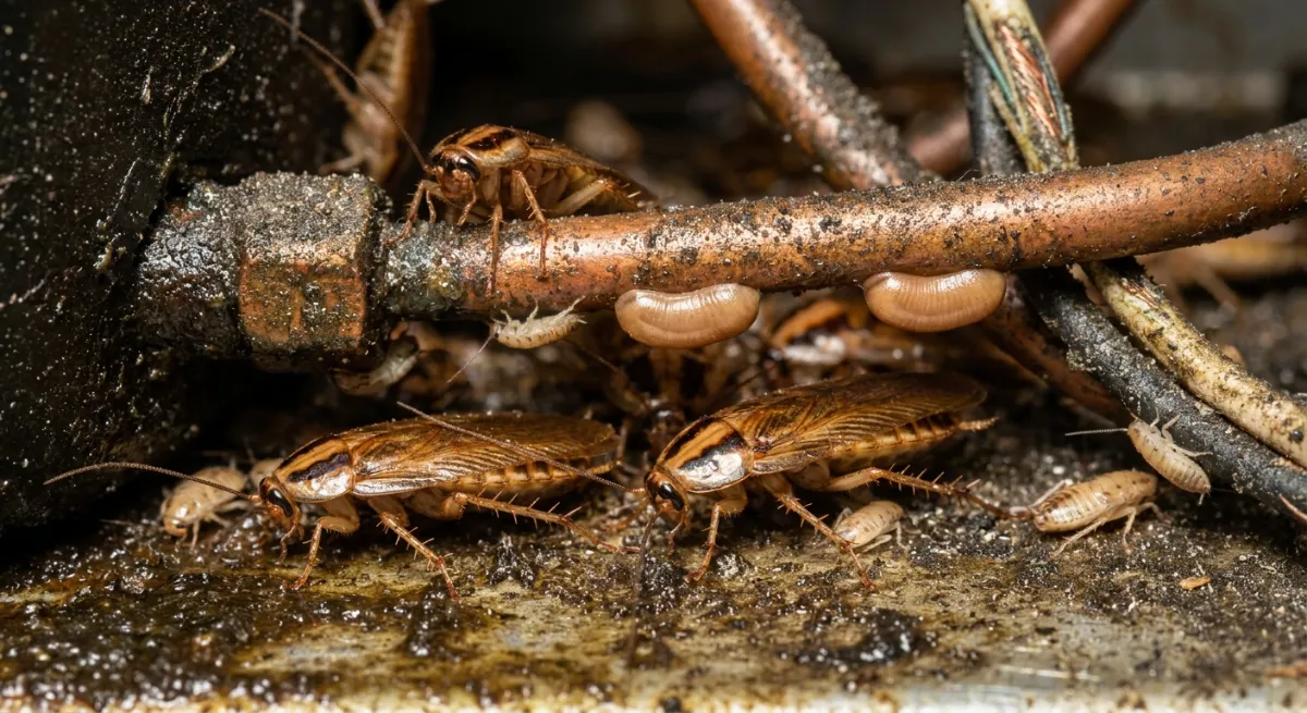 German cockroach nest inside a commercial kitchen appliance motor