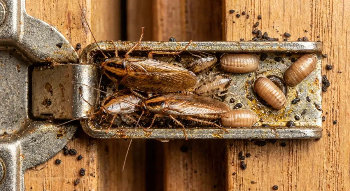 German cockroach nest inside a kitchen cabinet hinge