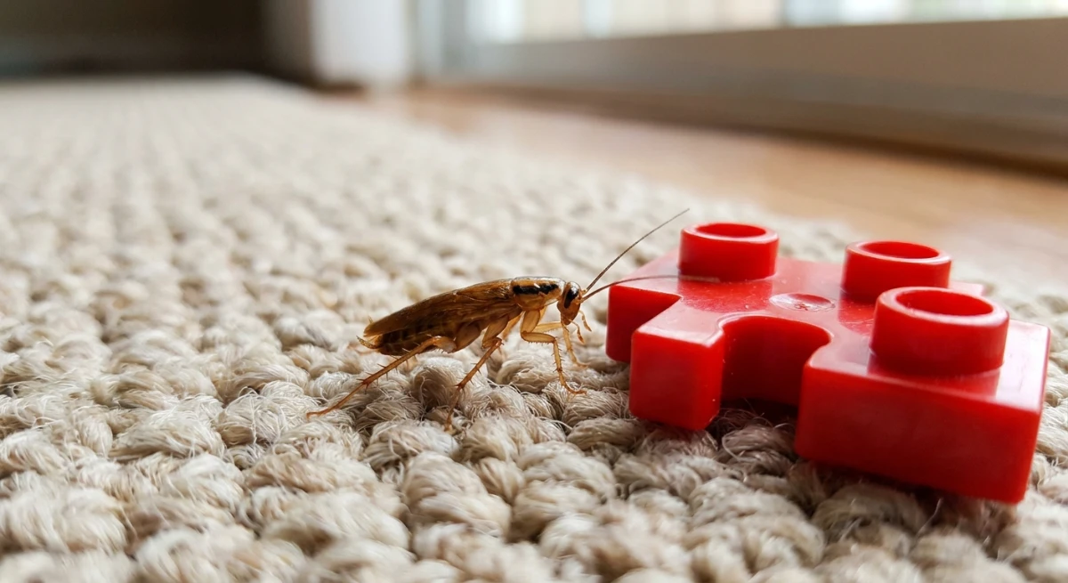 German cockroach nymph crawling near a plastic toy block on a carpet