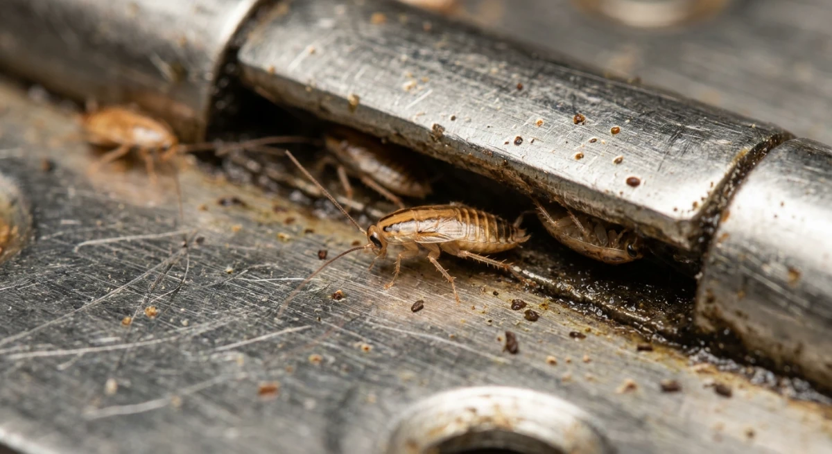 German cockroach nymphs hiding in a commercial kitchen hinge
