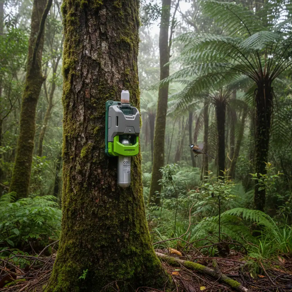 Goodnature non-toxic pest trap in New Zealand forest