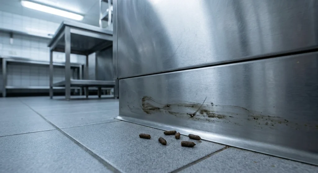 Greasy rat rub marks and droppings along a commercial kitchen skirting board
