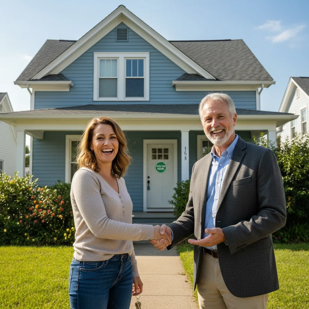 Happy tenant and landlord outside a rental property