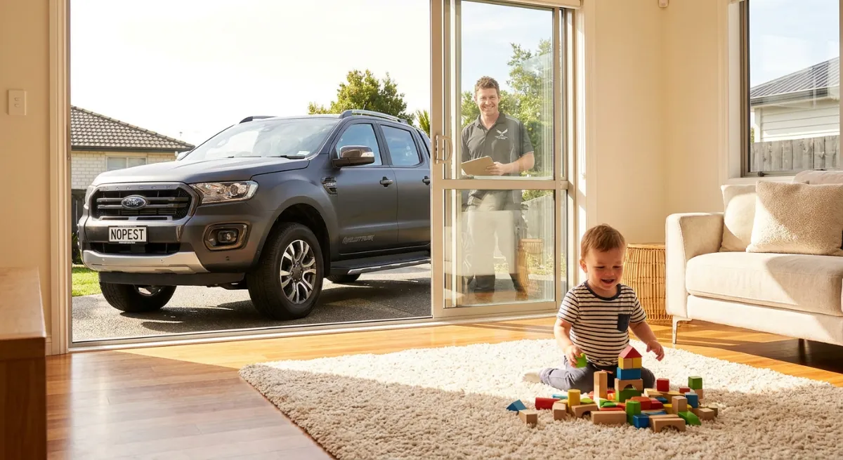 Happy toddler playing safely after child safe pest control in Auckland