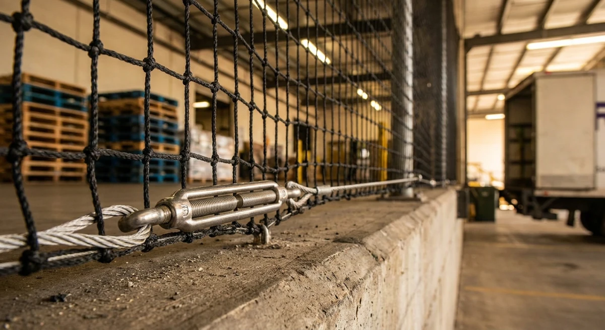 Heavy-duty HDPE bird netting installed in a commercial loading bay