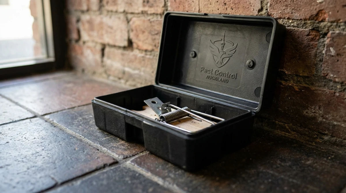 Heavy-duty mechanical snap trap inside a tamper-resistant bait station