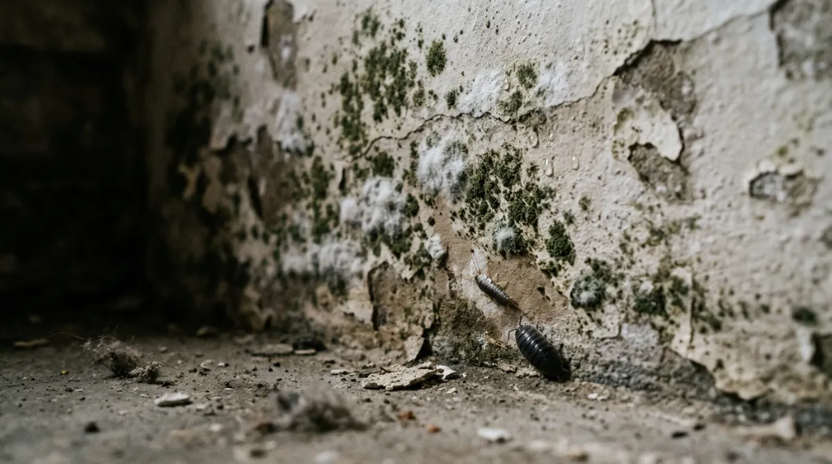 Close-up of a damp wall corner showing black mould, white mildew, and moisture-loving pests like silverfish.
