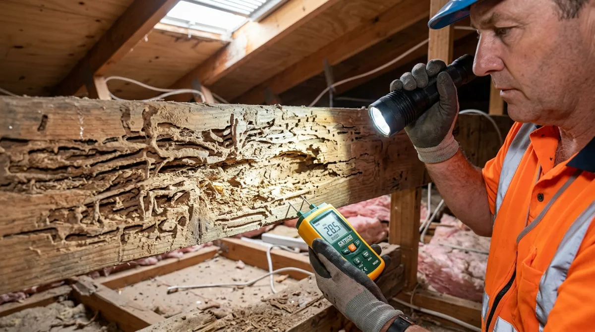 A professional building inspector examining structural wood damage caused by termites in an Auckland residential property.