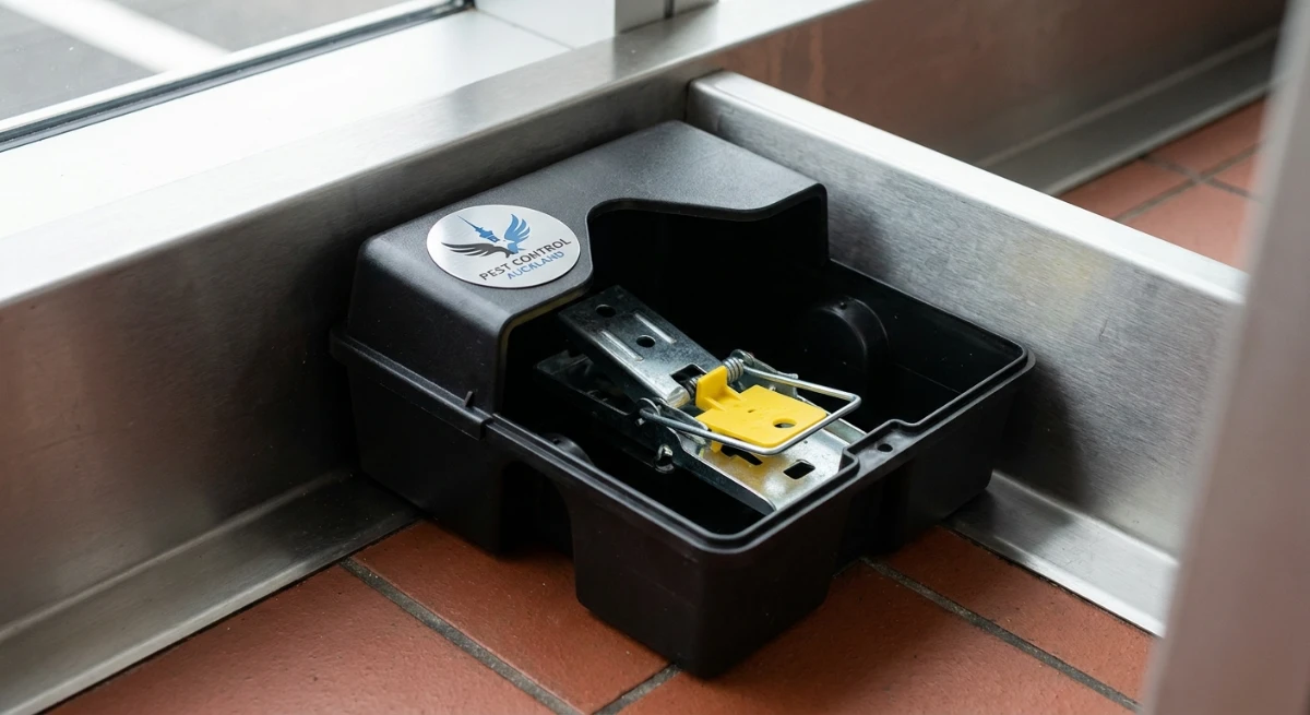 High-impact mechanical snap trap inside a tamper-proof commercial station in an Auckland kitchen
