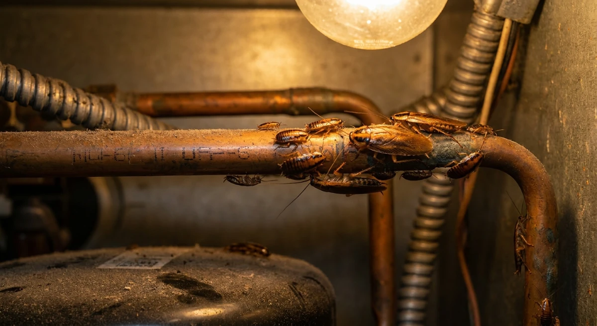 Highly detailed macro shot of German cockroaches clustering near the warm copper pipes of a commercial fridge compressor