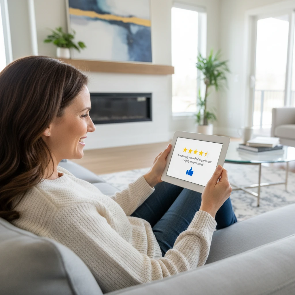 Homeowner writing a five star pest control review