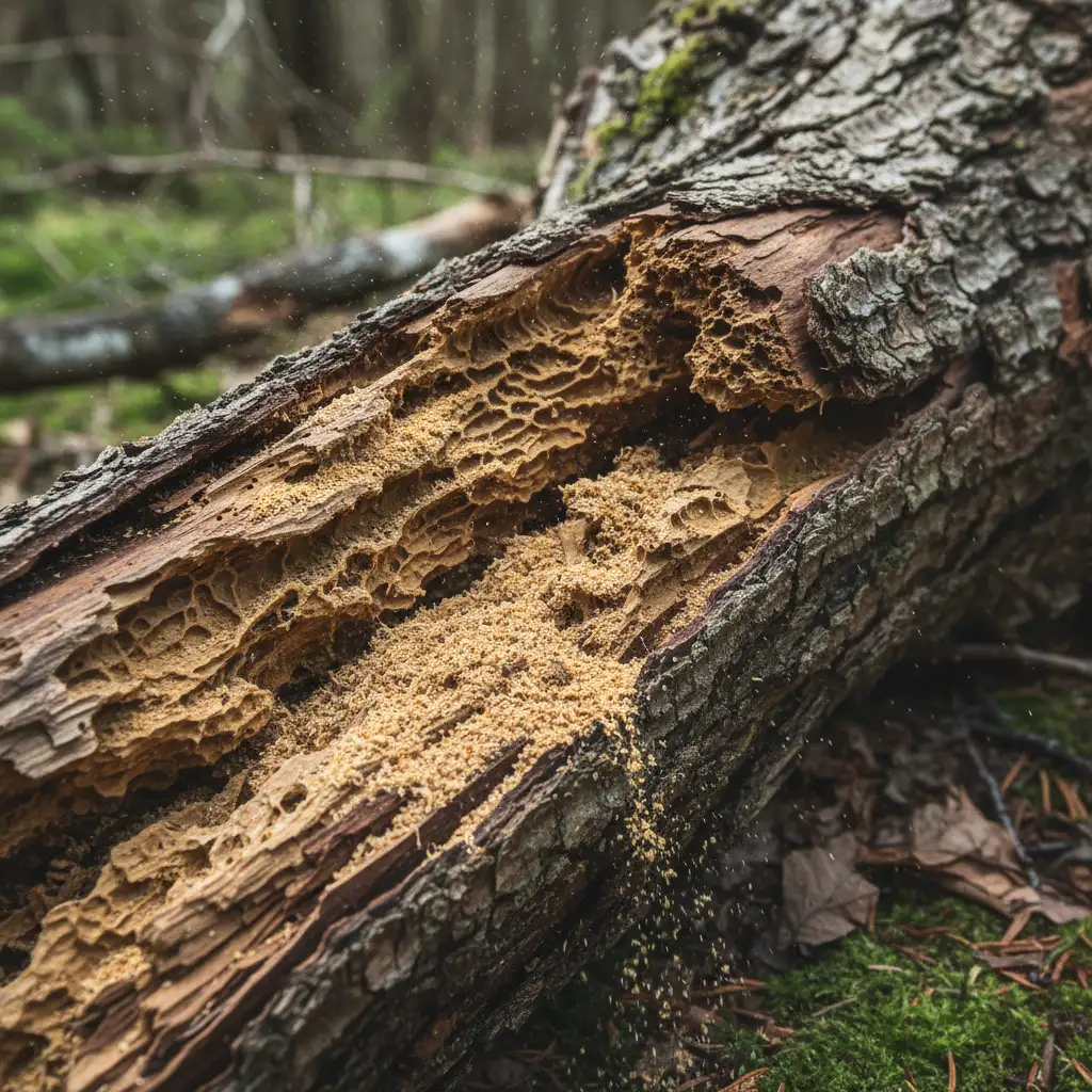 Honeycomb effect inside borer damaged wood