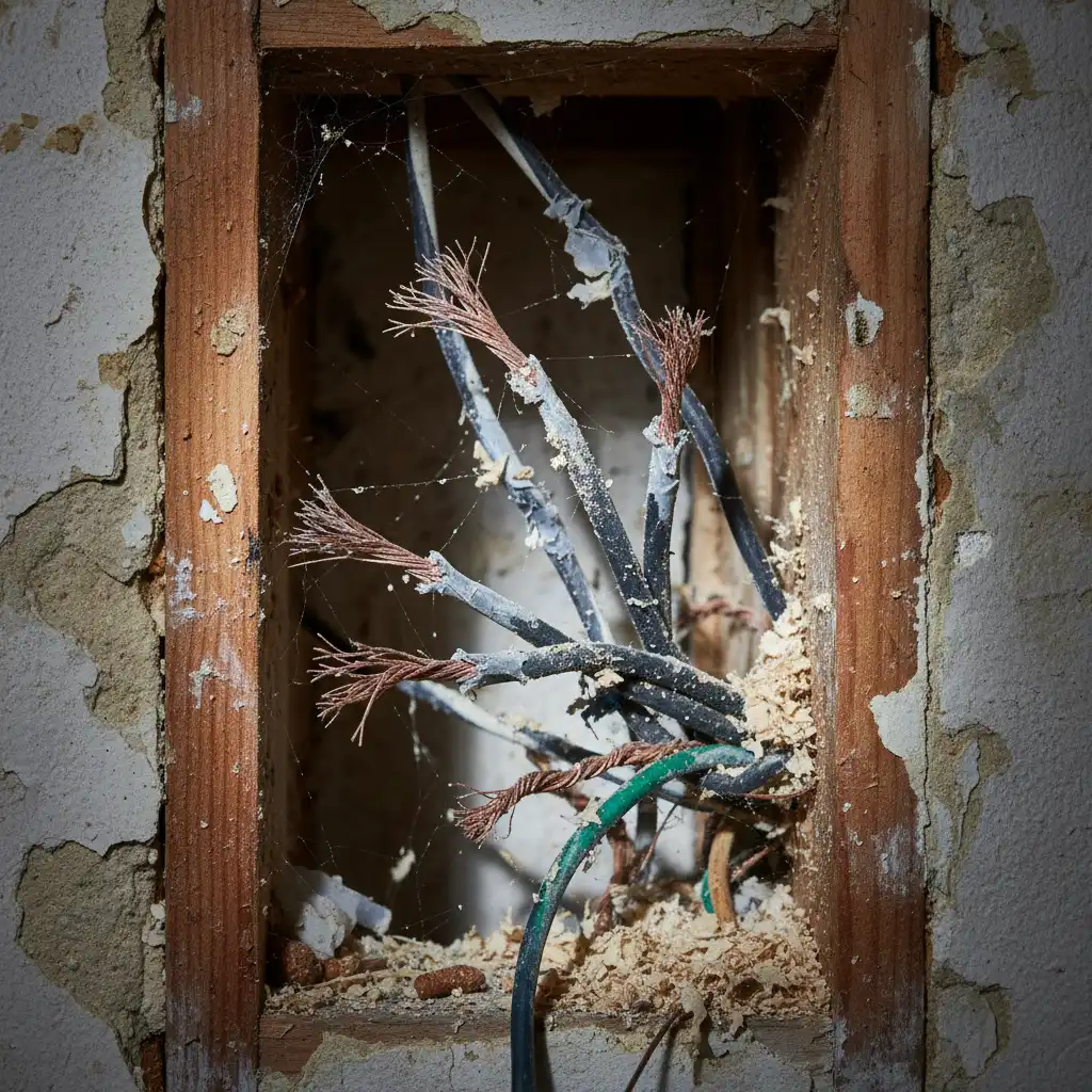 Insurance Claims for Pest Damage in Auckland Close up of rodent damage to electrical wiring in a ceiling cavity