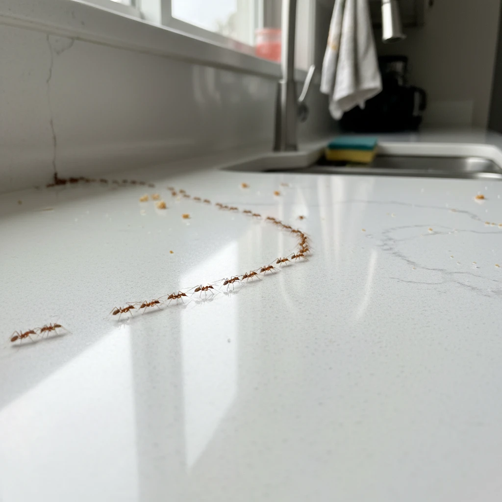 Ant trails in a kitchen indicating a colony nearby