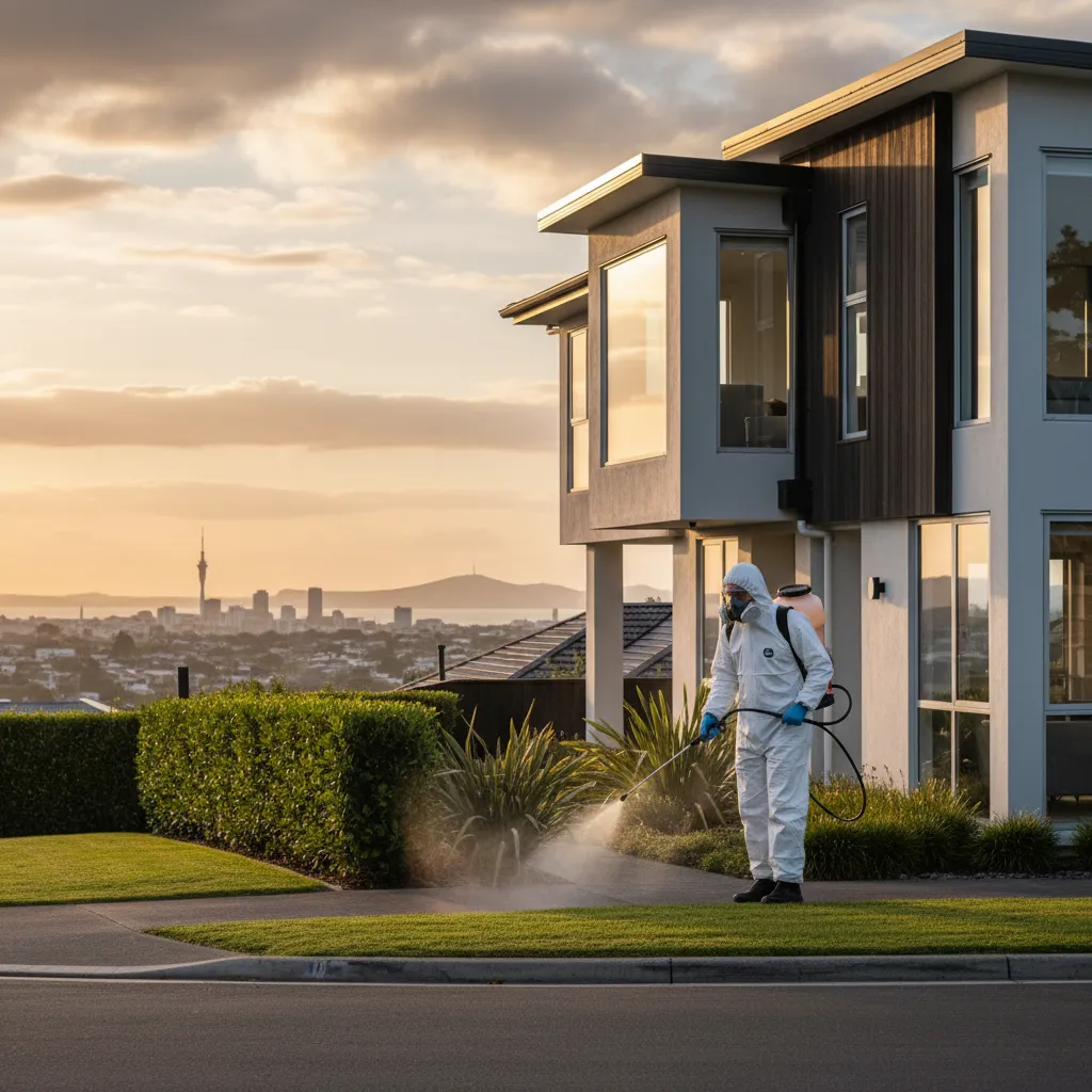 Pest Control Auckland technician applying ant treatment to foundation