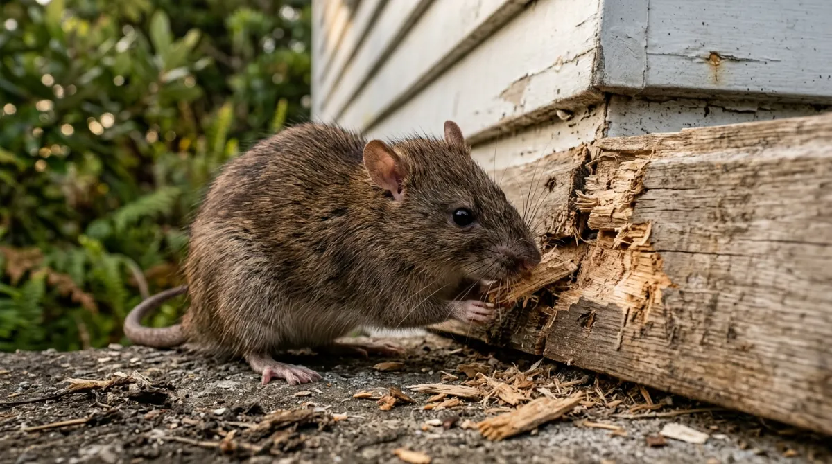 Rodents in Auckland: Types & Damage Signs A brown rat standing beside a wooden building foundation showing visible gnaw marks and structural damage.