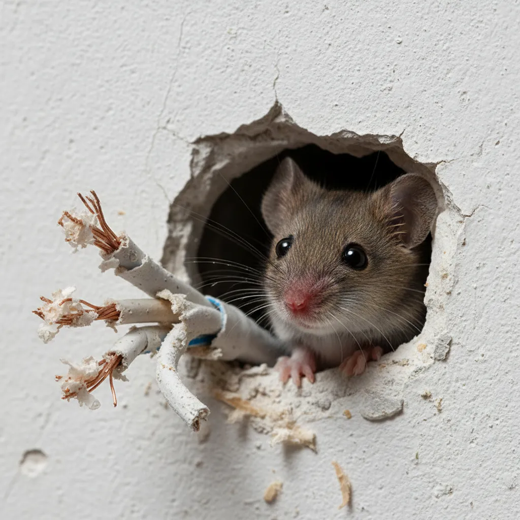 House mouse chewing electrical wires