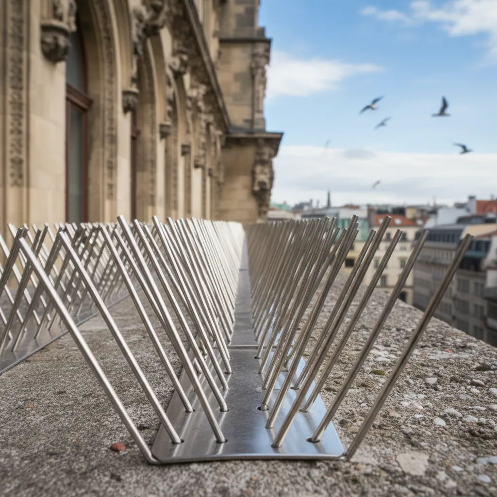 Stainless steel bird spikes installed on an Auckland building