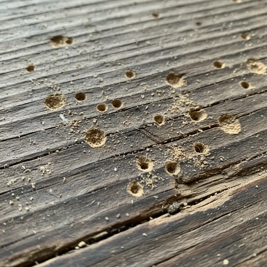 Borer damage in timber flooring, a common issue identified during house pest inspections in Auckland.