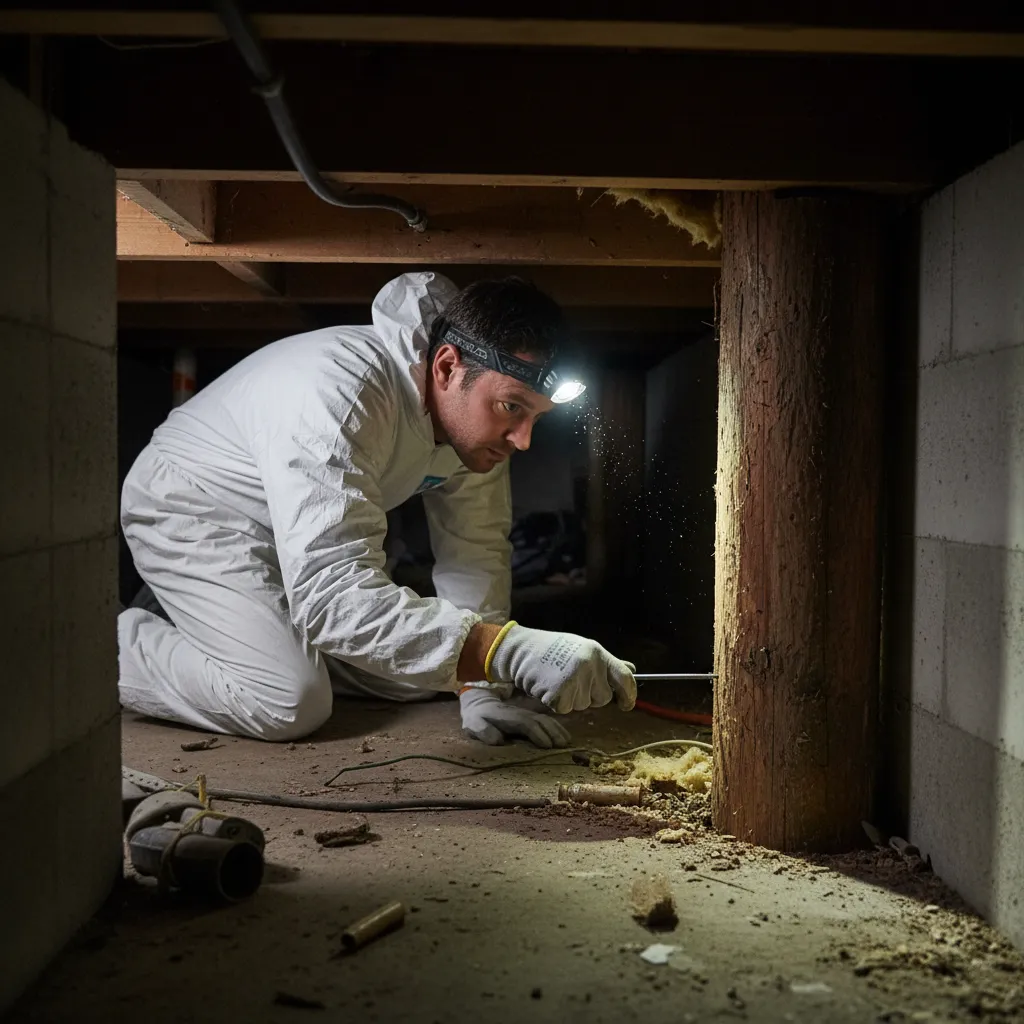 Professional pest inspector examining the subfloor of an Auckland property for signs of pests.