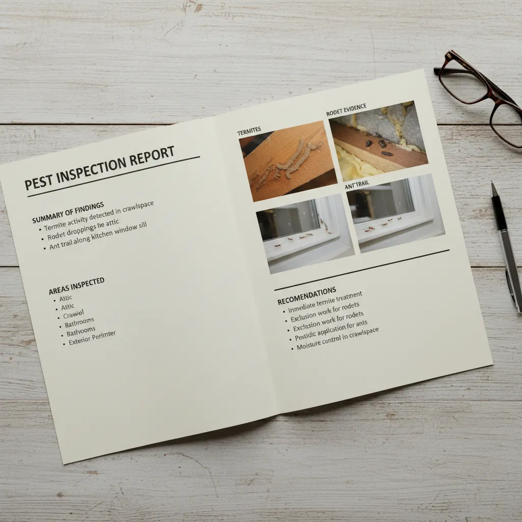 A sample comprehensive house pest inspection report with photos and detailed findings.