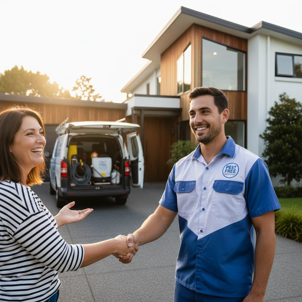 A friendly pest control technician greeting a homeowner before a house inspection in Auckland.