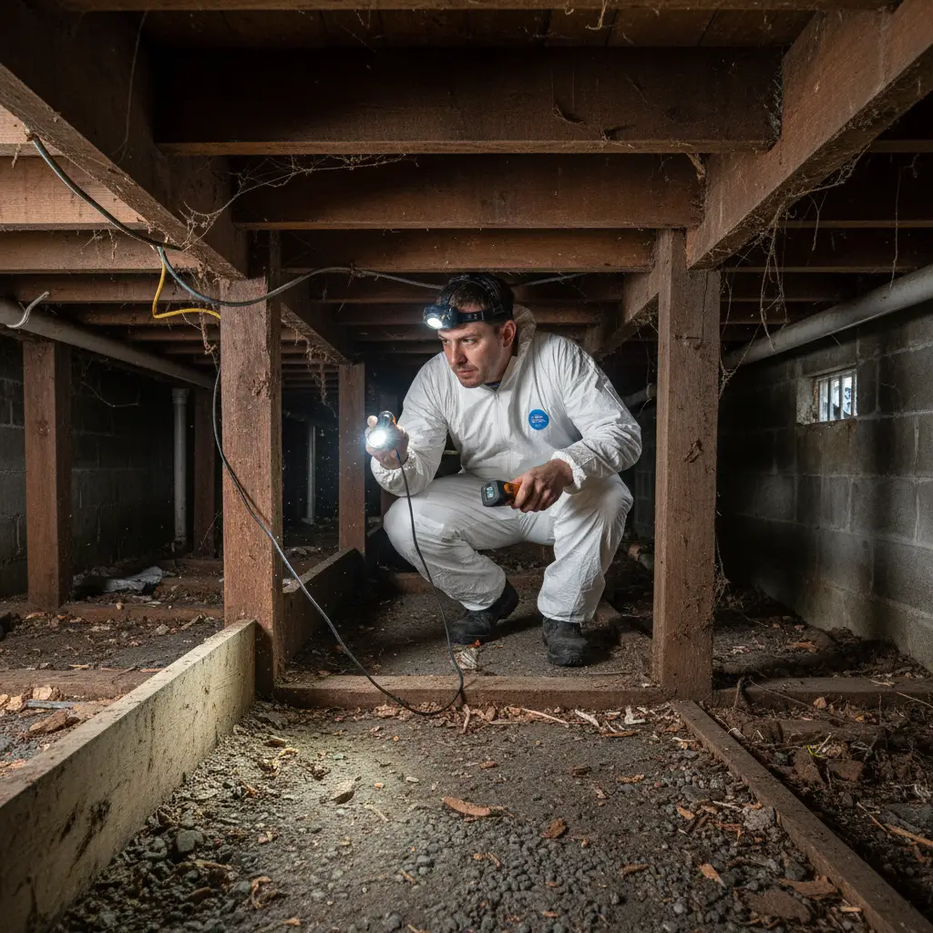 Pre-Purchase Pest Inspections Certified pest technician Ronnie inspecting a subfloor for borer and termite activity in an Auckland bungalow