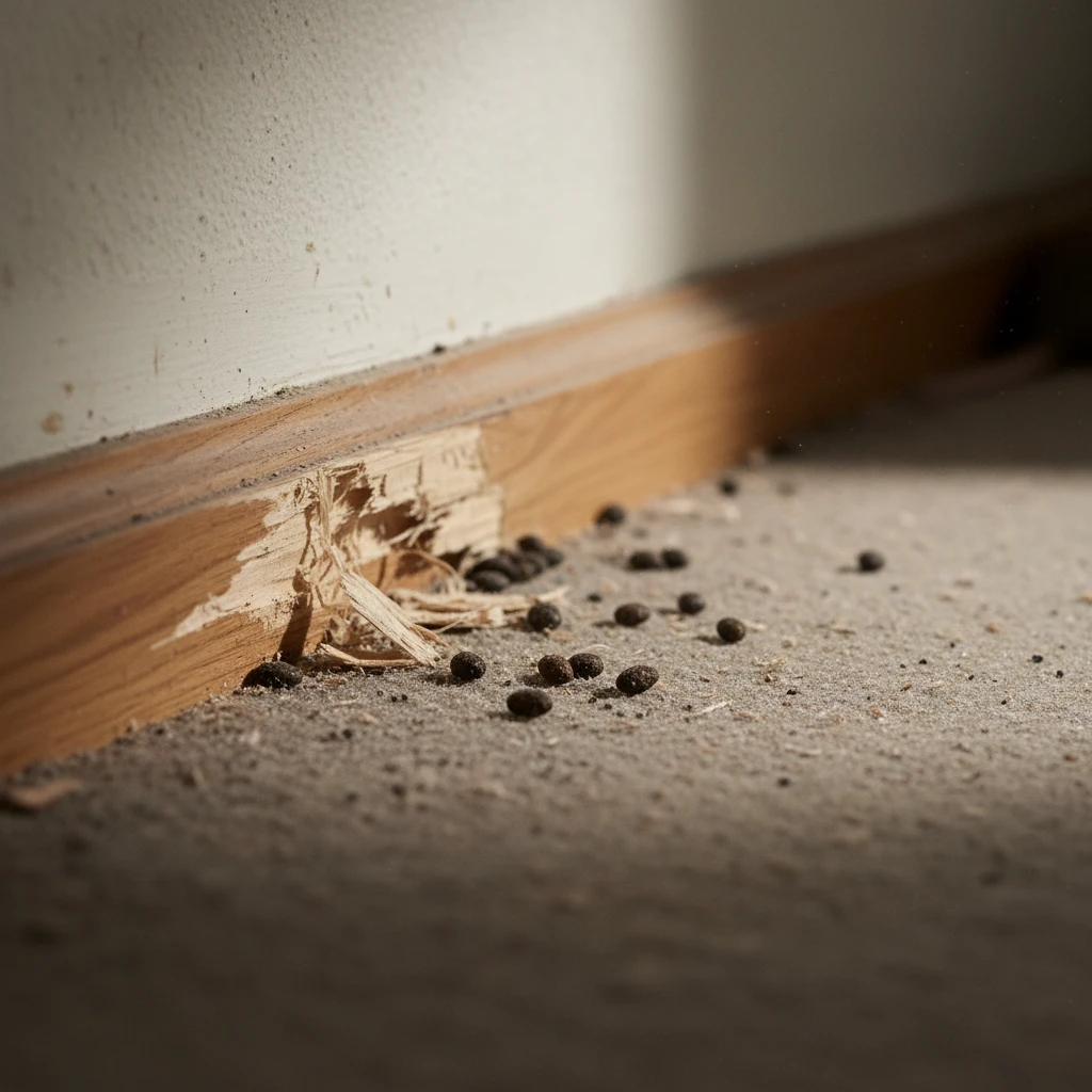 Signs of rodent infestation including droppings and gnaw marks
