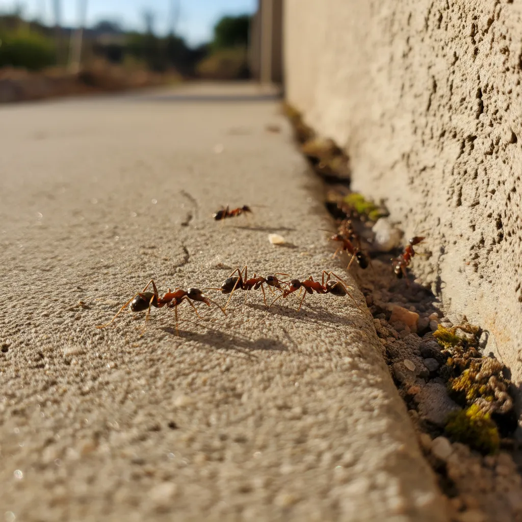 Close-up view of Argentine ants foraging near a home foundation.