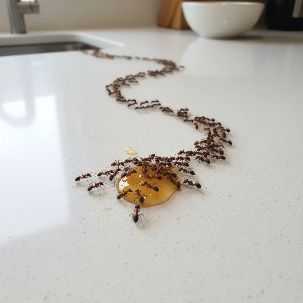A dense ant trail leading to a food source on a kitchen counter.