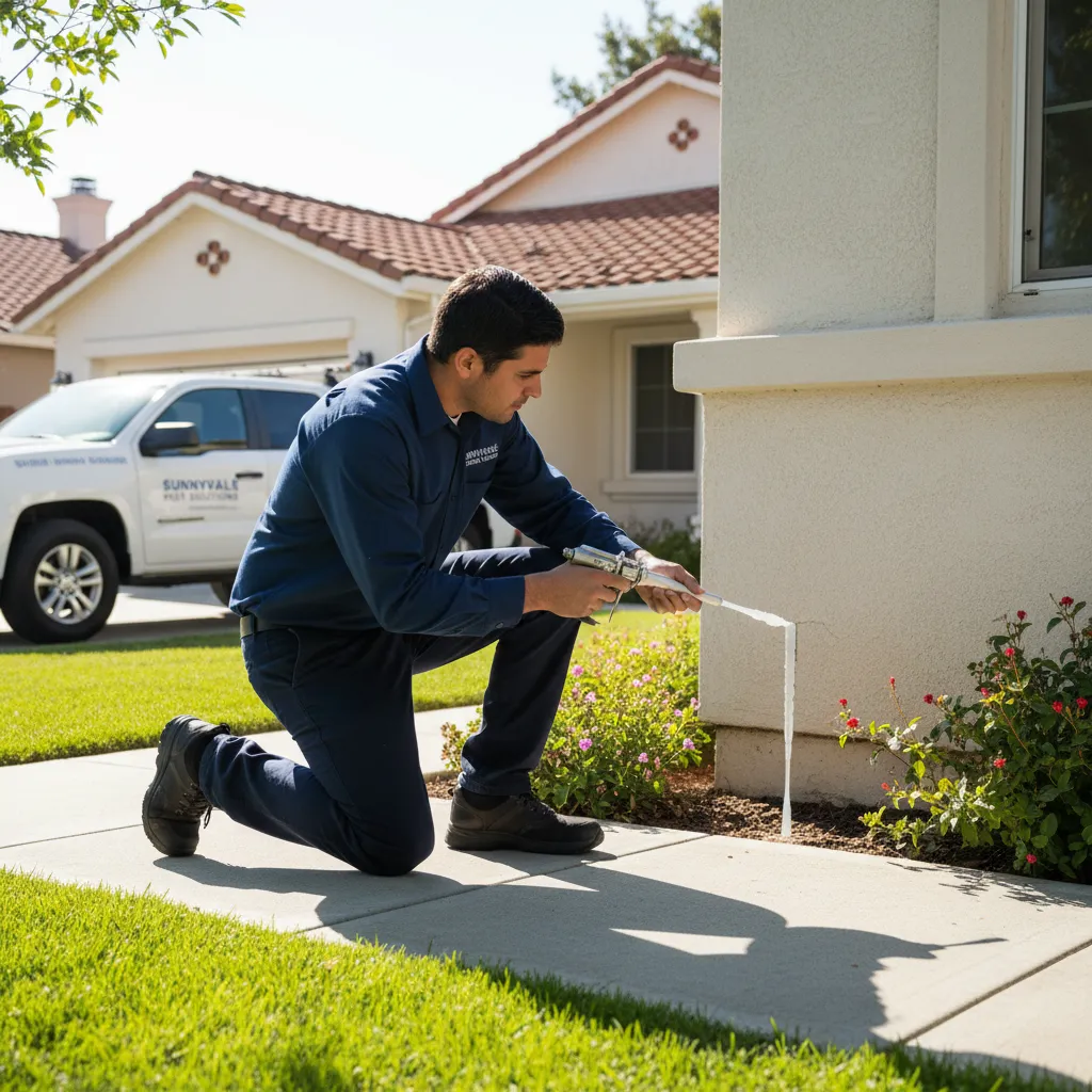 Professional pest control technician applying targeted ant bait to a home foundation.