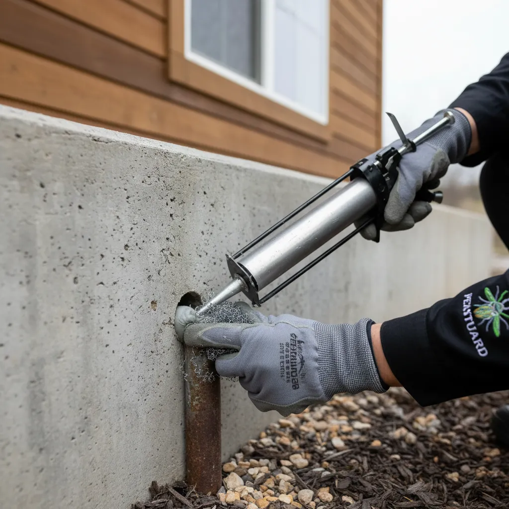 Technician sealing entry points on a home's exterior.