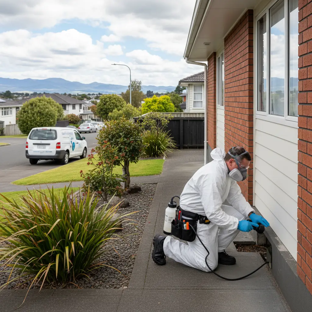 Certified technician Ronnie performing a pest inspection at a New Lynn residence