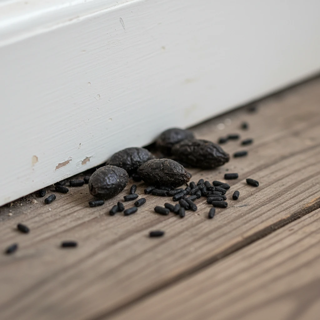 Rat and mouse droppings on a floor, indicating a rodent infestation.