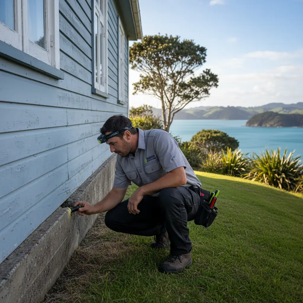 Pest control technician inspecting a home on Waiheke Island.