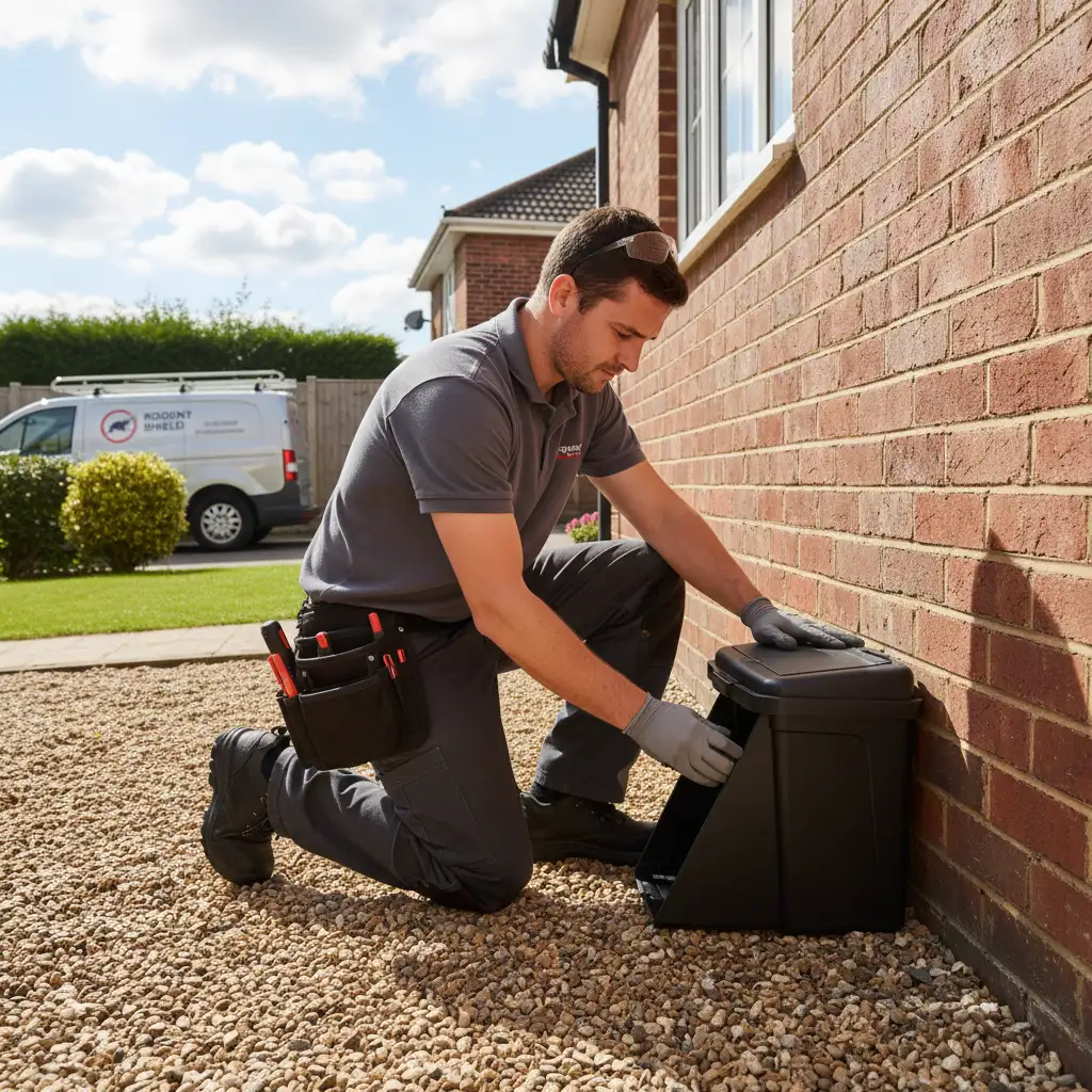 Professional installing tamper-proof rat bait station for safe residential rat control