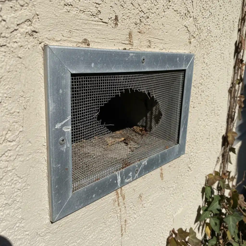 Common rat entry point through a broken residential air vent