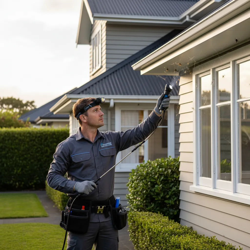 Professional spider exterminator inspecting an Avondale home for structural entry points