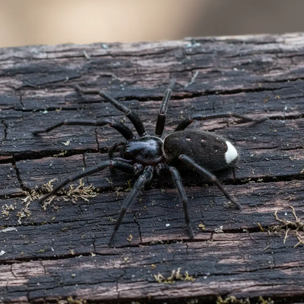 White tail spider resting on wood