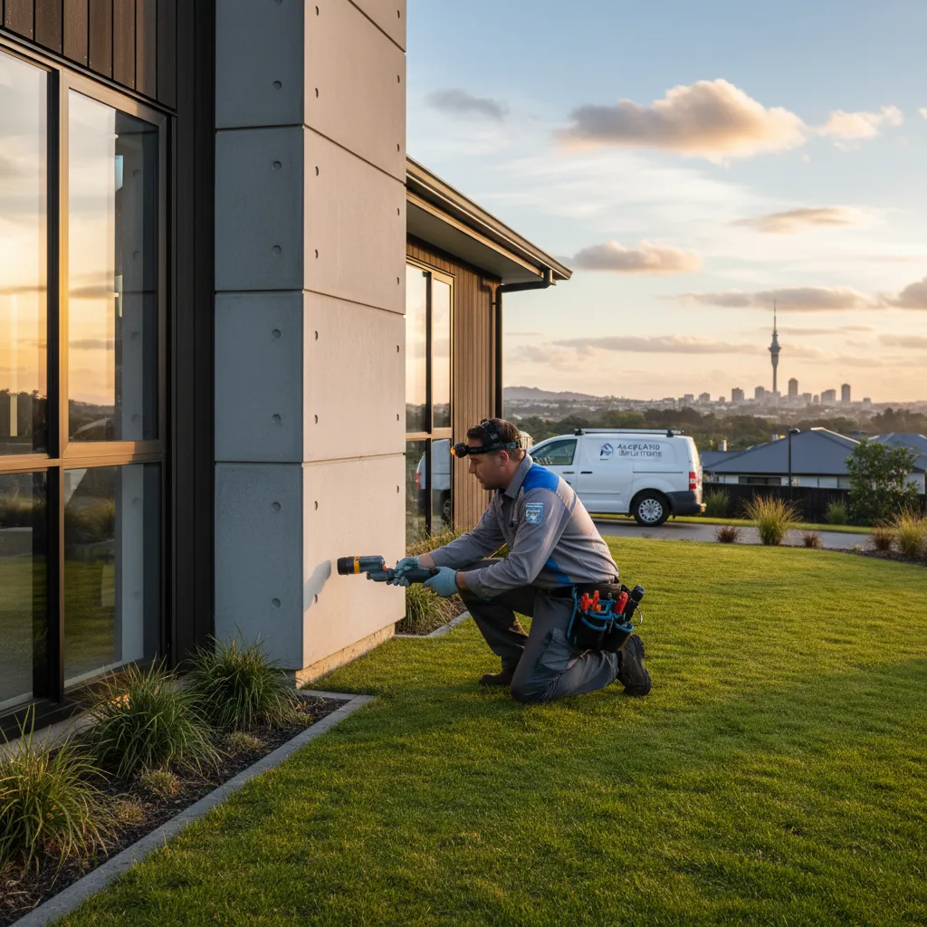 Pest control technician inspecting home for spiders