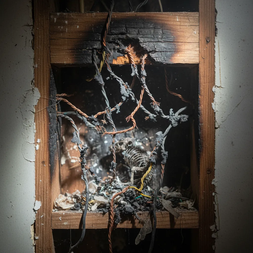 Chewed electrical wiring caused by rats in an Auckland home