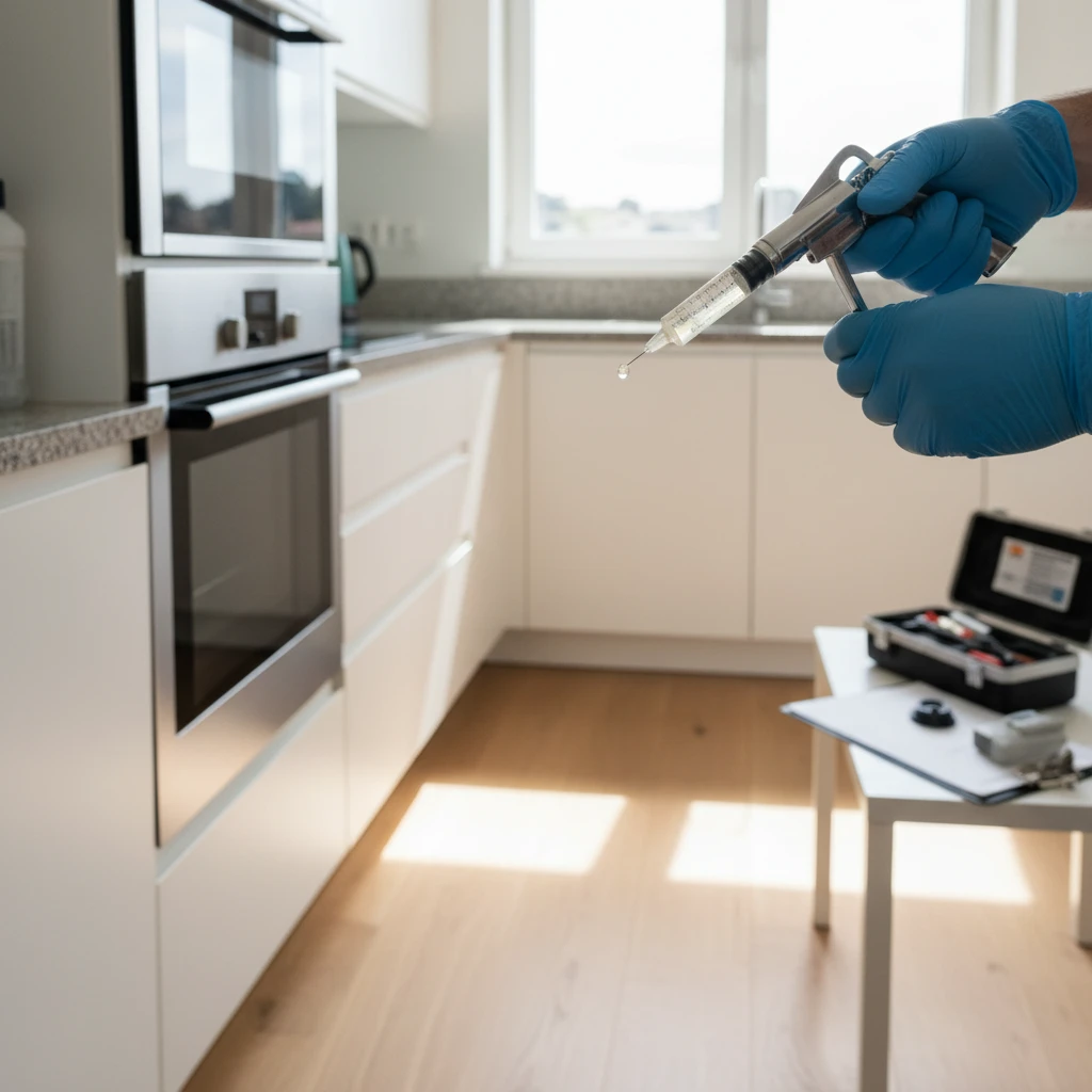 Applying gel bait for cockroach control in Auckland kitchen