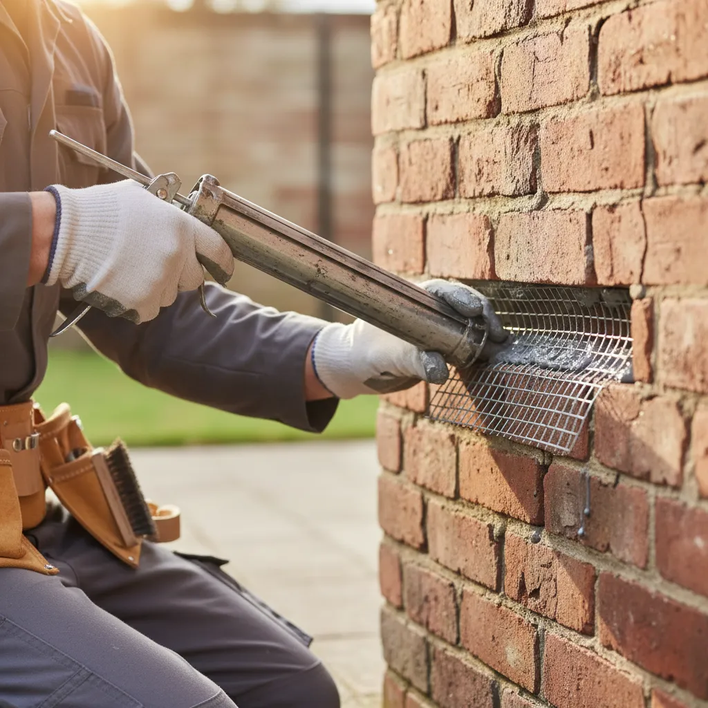 Pest control expert sealing entry points with chew-proof materials