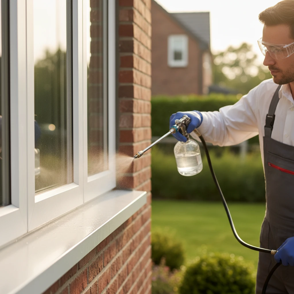 Applying pest control barrier spray to a window frame