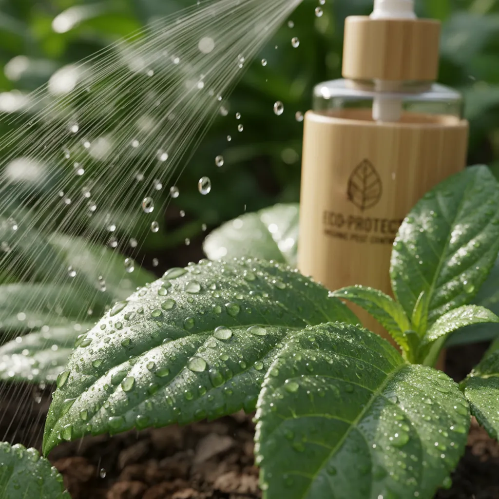 Eco-friendly organic pest control spray on a green leaf