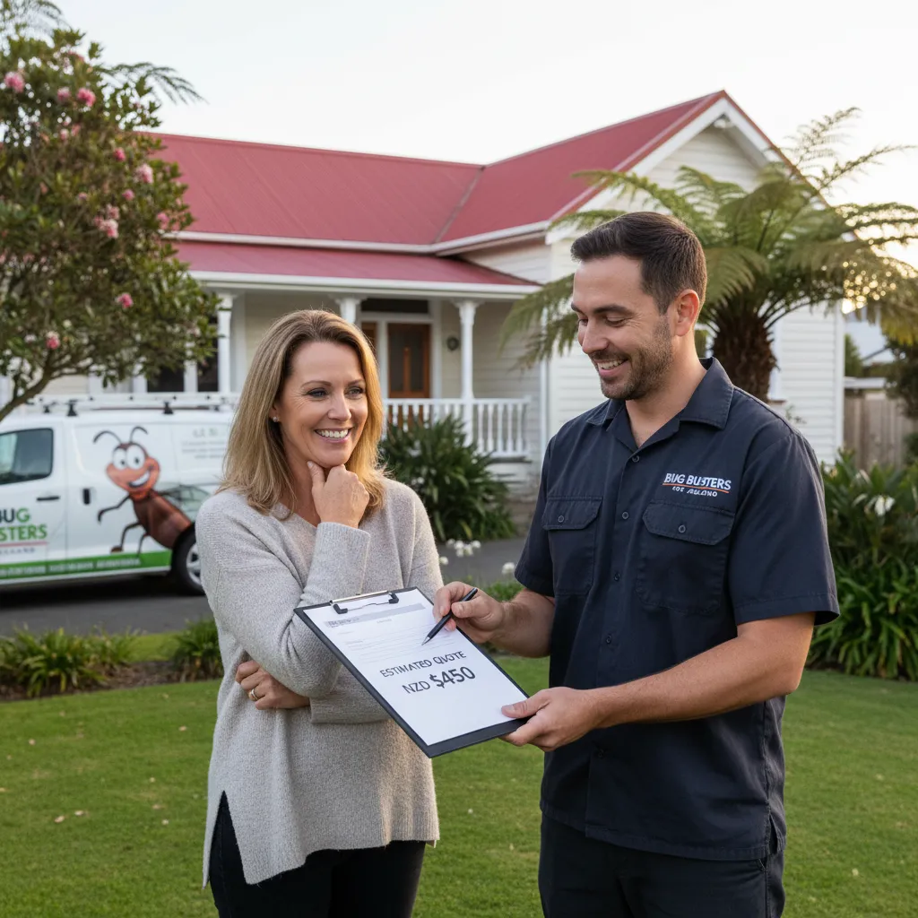 Pest control technician providing a quote to a homeowner