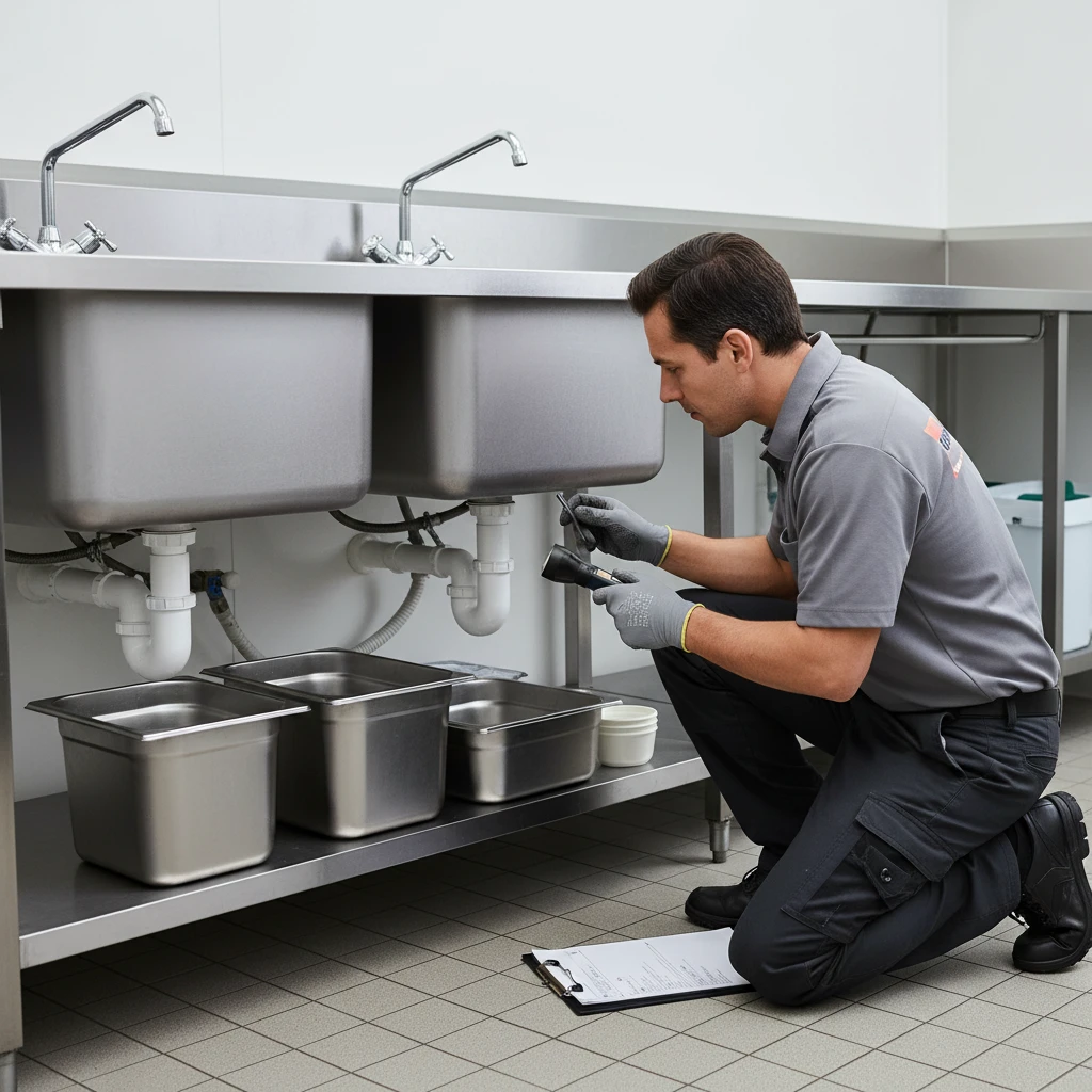 Pest control technician inspecting drain for flies in a commercial kitchen