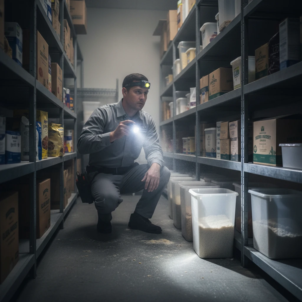 Pest control technician inspecting restaurant storage
